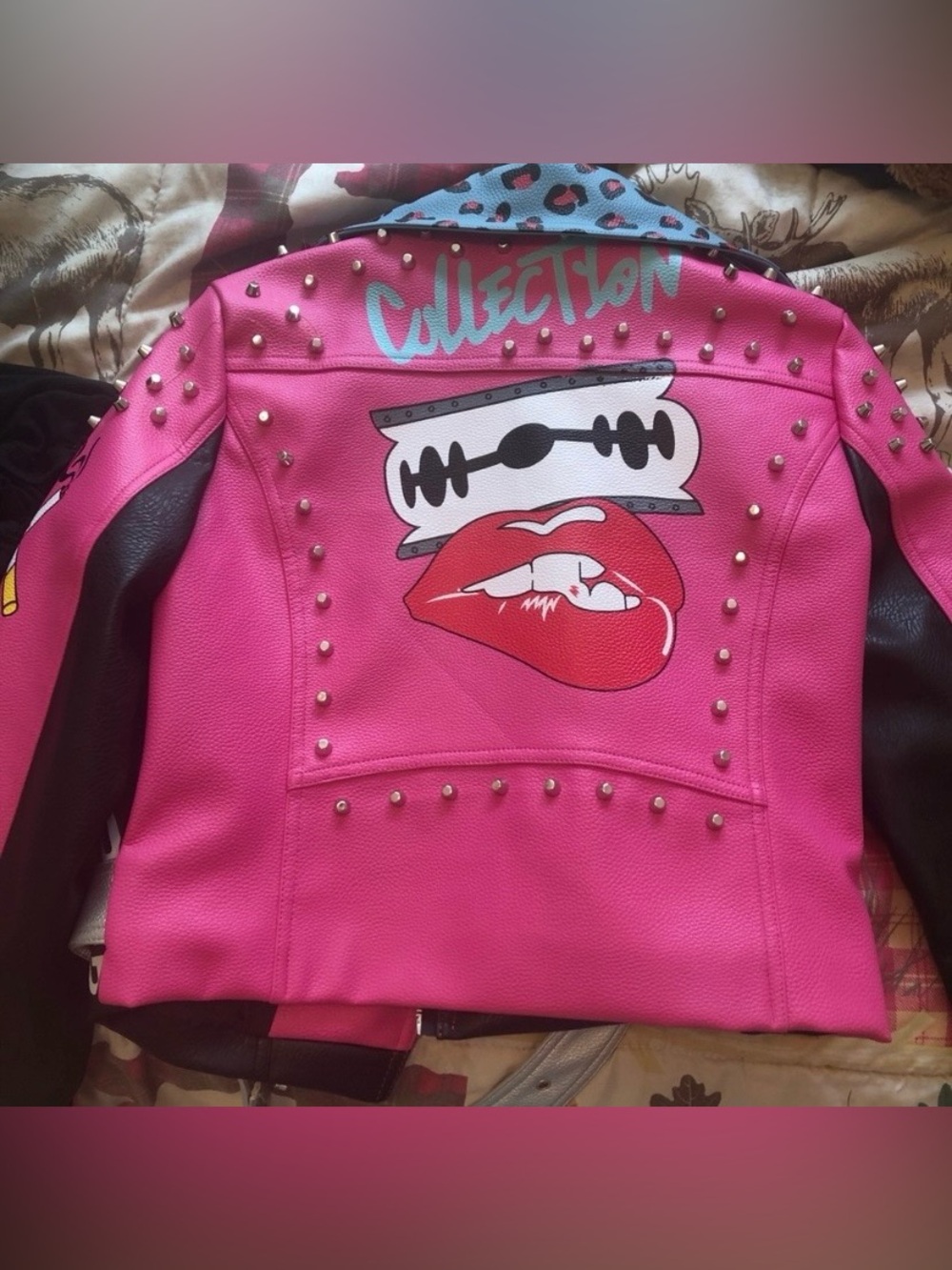 Pink & Black Studded Graphic Leather Biker Jacket - Picture 2 of 2